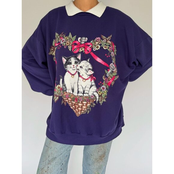 90s vintage purple cat kitten festive christmas graphic pullover sweatshirt 2XL - Picture 3 of 10